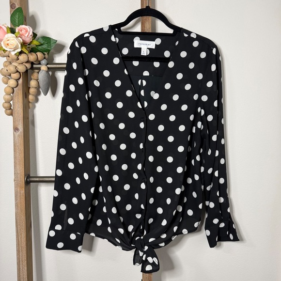 Popsugar Black White Polka Dot V Neck Tie Front Long Sleeve Blouse Size Large - Picture 2 of 10